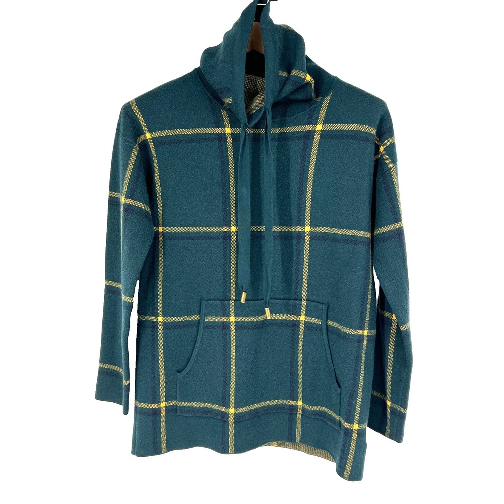 Max Studio Plaid Cowl Neck Long Sleeve Waffle Knit Sweater Womens Size XS Green